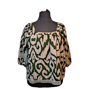 Rachael Zoe Women's Plus Blouse Size 2X Linen Blend Green/Cream Patterned